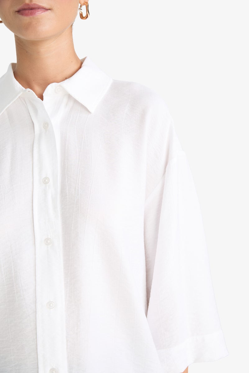 DeFacto White Woman Oversize Shirt Collar Crinkle Fabric Shirt Casual - Image 5